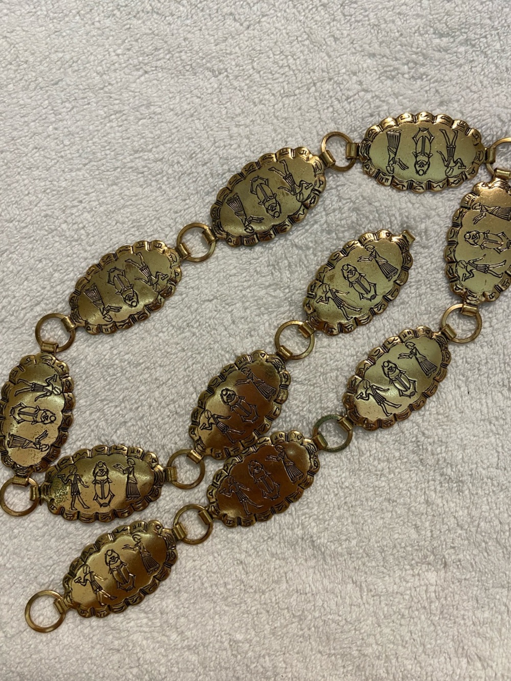 Gold-Tone Vintage Oval Link Belt with Egyptian Etched Figures